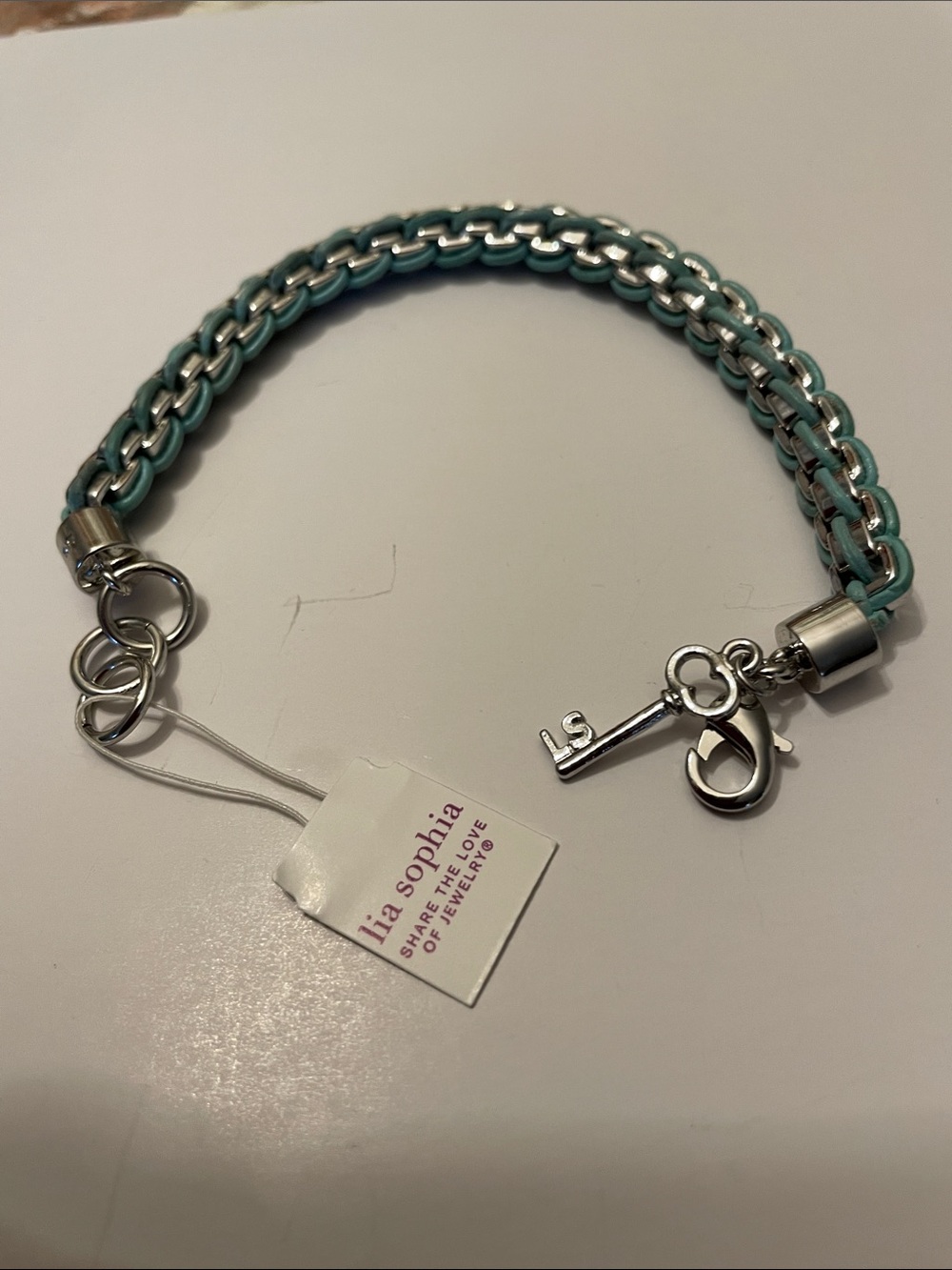 Lia Sophia Teal and Silver Chain-Link Bracelet with Key Charm